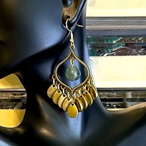Handmade Antique Bronze Golden Drop & Gemstone Pendant Earrings